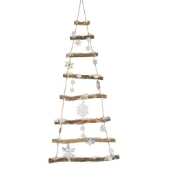 Sapin à suspendre en bois illuminé à piles (H100 cm) Flocons Blanc chaud