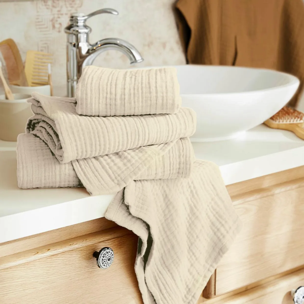 Serviette de bain gaze de coton (30 x 50 cm) Gaïa Beige pampa