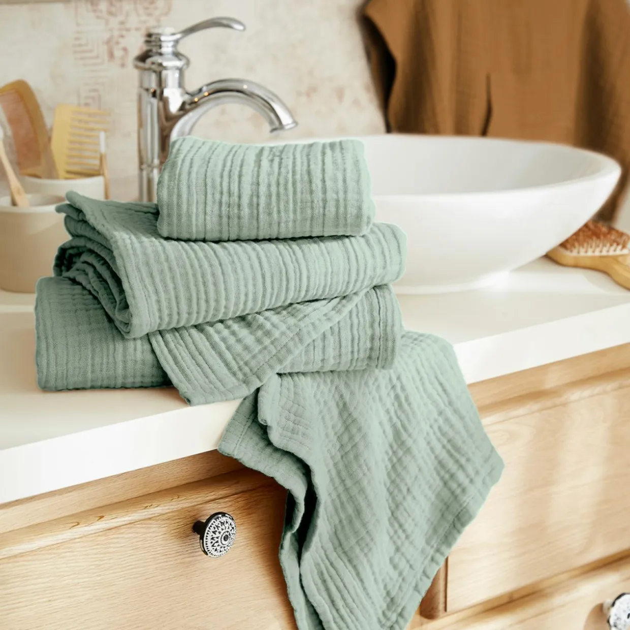 Serviette de bain gaze de coton (70 x 130 cm) Gaïa Vert eucalyptus