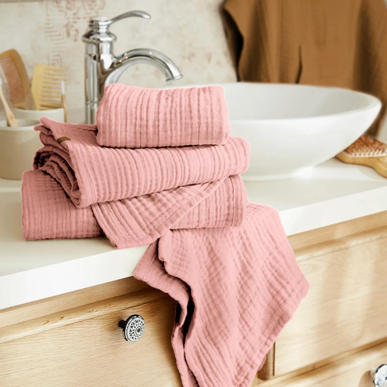 Serviette de bain gaze de coton (90 x 150 cm) Gaïa Rose pêche