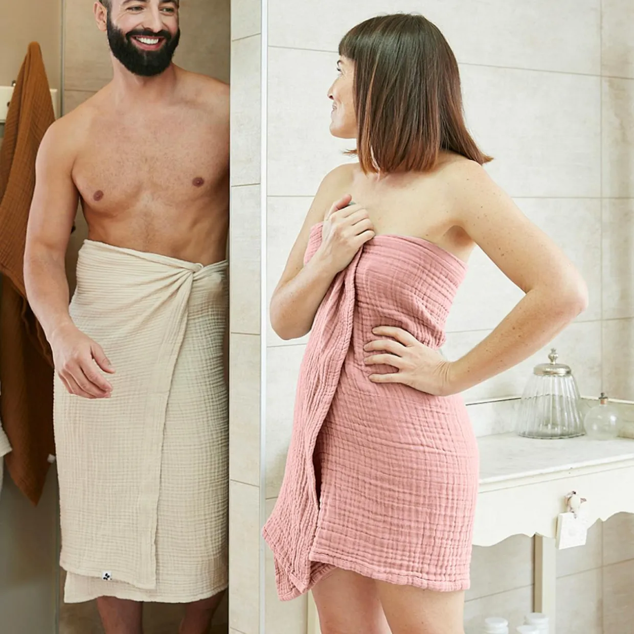 Serviette de bain gaze de coton (90 x 150 cm) Gaïa Rose pêche