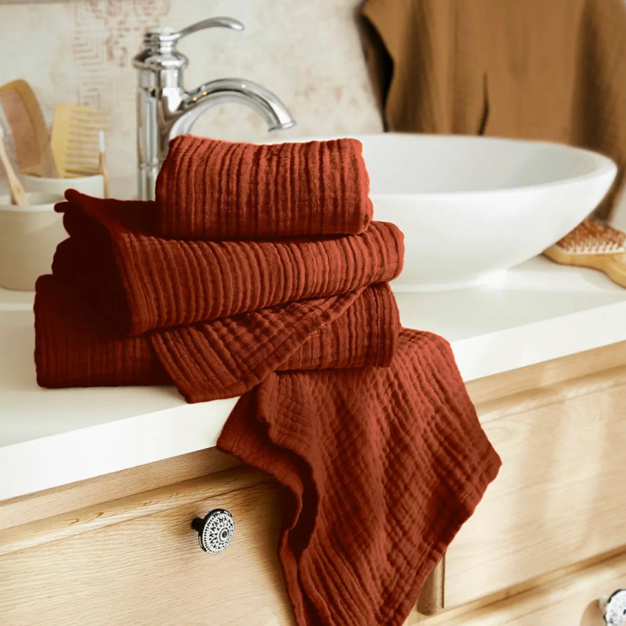 Serviette de bain gaze de coton (90 x 150 cm) Gaïa Terracotta