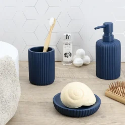 Set d'accessoires salle de bain résine Strié Bleu marine