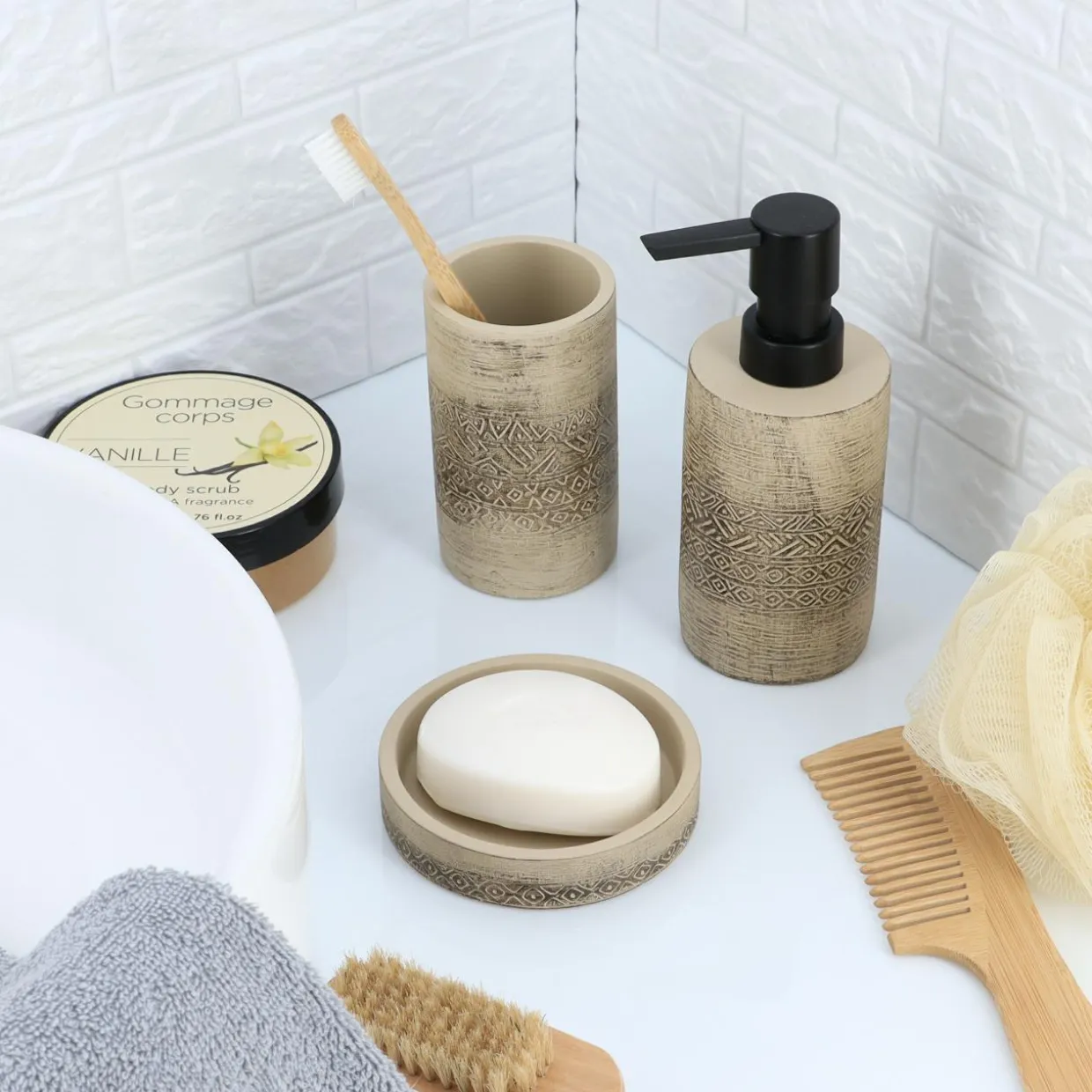 Set d'accessoires salle de bain ciment Tanger Naturel