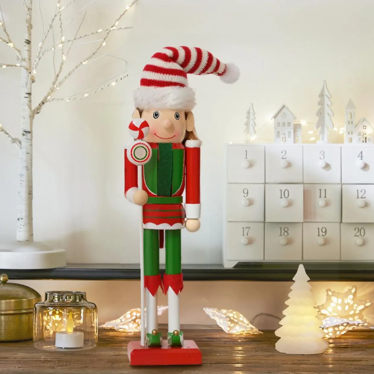 Soldat Casse-noisette en bois (H30 cm) Lutin du Père Noël Rouge et vert