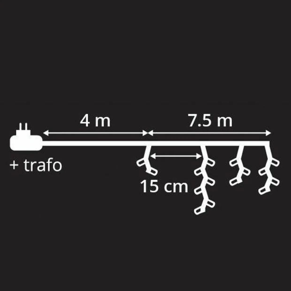 Stalactite lumineuse 7,50 m 175 LED câble noir Blanc chaud