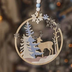 Suspension de Noël en bois (D11 cm) Caribou dans les bois Bleu clair