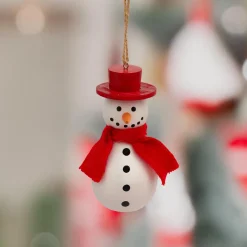 Suspension de Noël en bois (H10 cm) Charmant bonhomme de neige Rouge et blanc