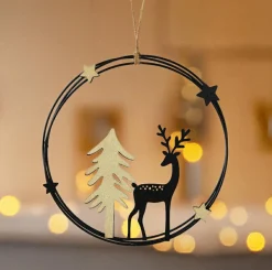 Suspension de Noël en métal (D18 cm) Renne chic Noir et doré