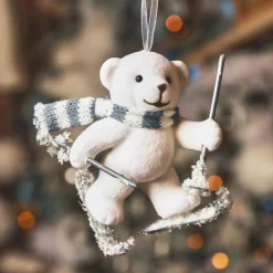 Suspension de Noël en plastique floqué velours (H10 cm) Ours Albin Blanc