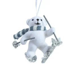 Suspension de Noël en plastique floqué velours (H10 cm) Ours Albin Blanc