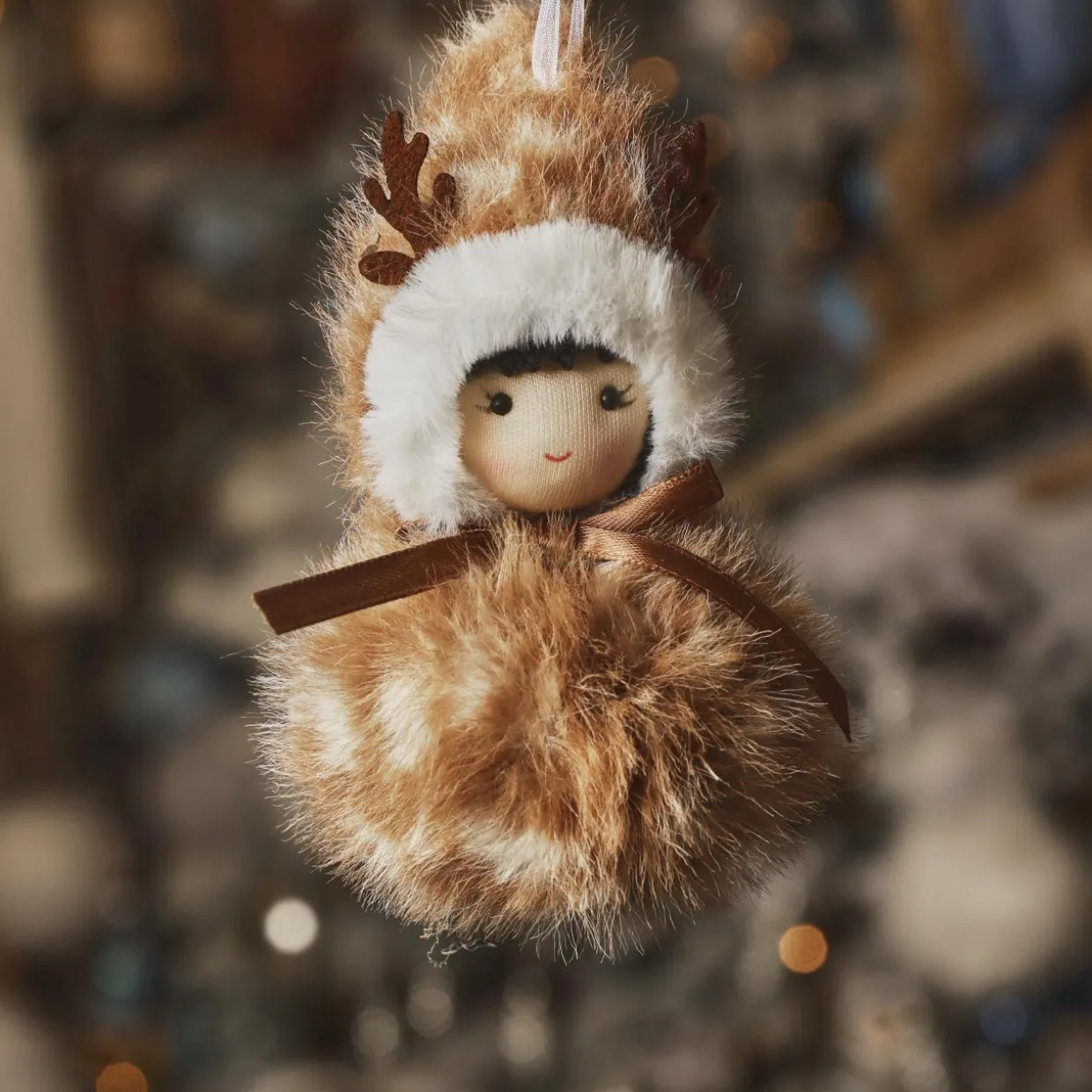 Suspension de Noël (H15 cm) Pompon en fourrure Marron clair