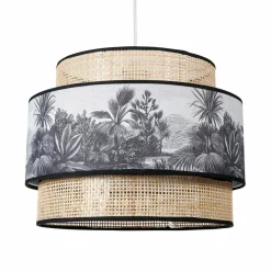 Suspension lumineuse en rotin double (D35 cm) Ombrage Noir et naturel