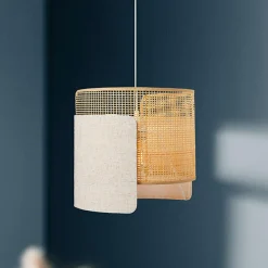 Suspension lumineuse lin et bambou (D28,5 cm) Bourgeon Beige