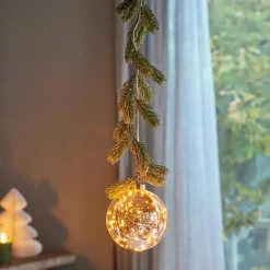 Suspension lumineuse à piles 30 LED (D14 cm) Sapinette et Boule Blanc chaud
