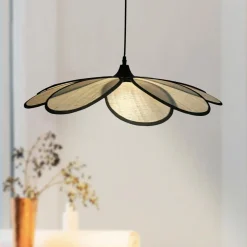 Suspension lumineuse pétale en rotin (D58 cm) Segovia Noir et beige