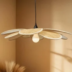 Suspension lumineuse pétale en tissu (D58 cm) Salamanca Naturel beige et noir