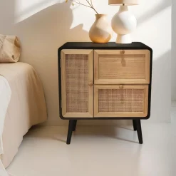 Table de chevet bois et cannage (50 x H55 cm) Osaka Noir et bois