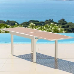 Table de jardin extensible en aluminium 10 places effet bois (135/270 x 90 cm) Murano Blanc