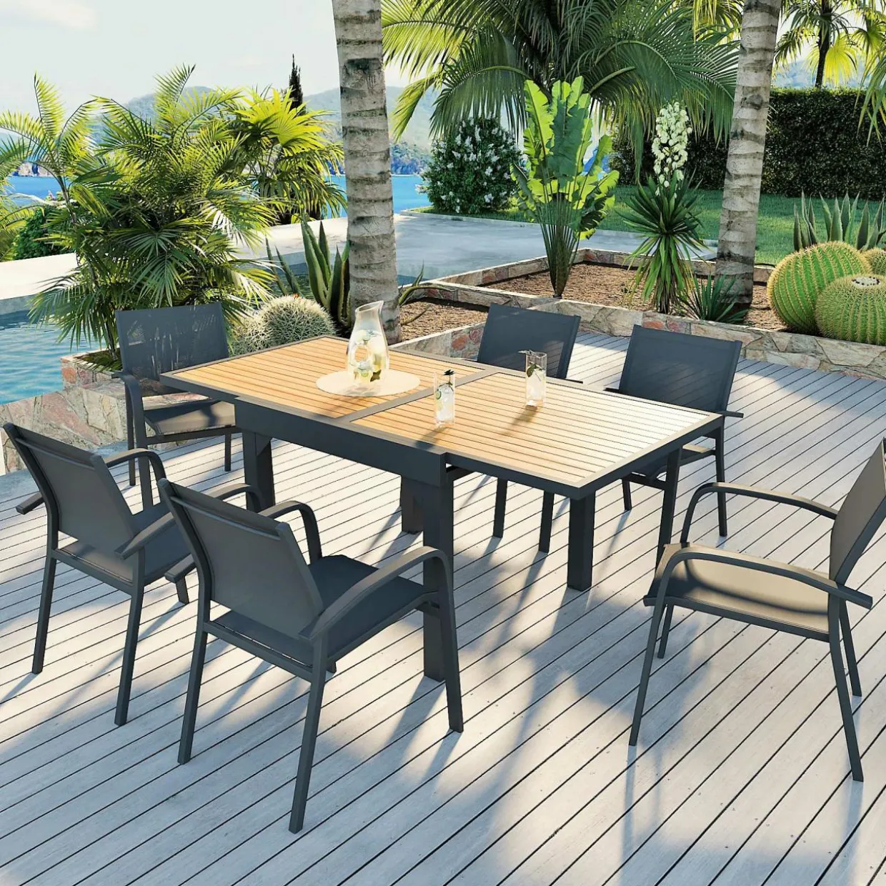 Table de jardin extensible en aluminium 8 places effet bois (90/180 x 90 cm) Murano Gris anthracite