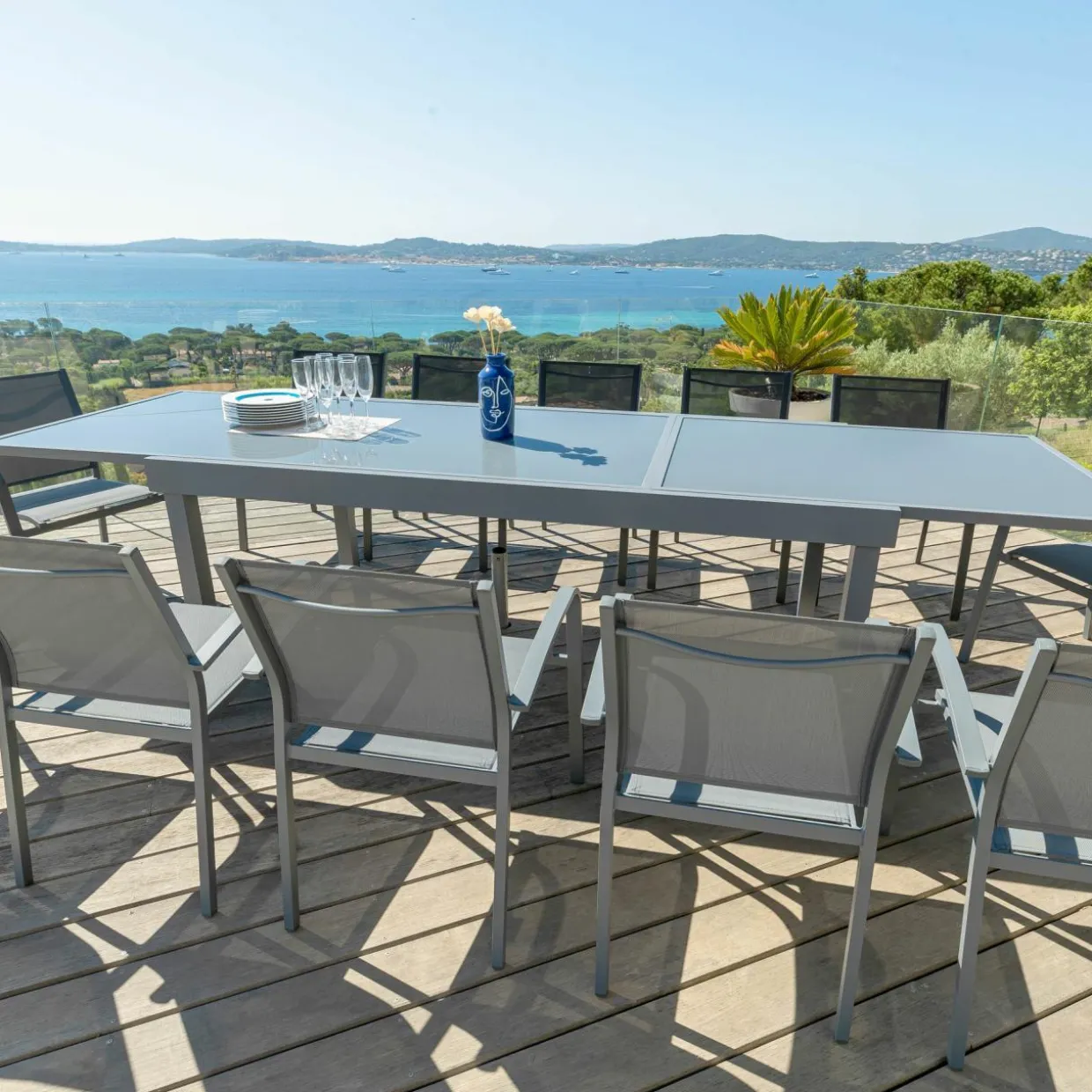 Table de jardin extensible en verre 12 places (200/320 x 100 cm) Murano Gris anthracite