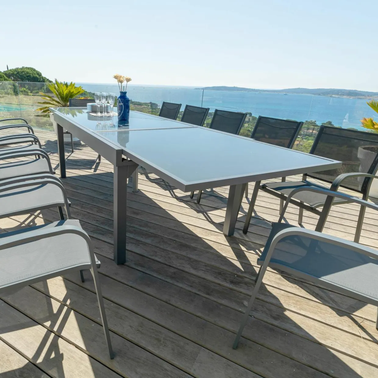 Table de jardin extensible en verre 12 places (200/320 x 100 cm) Murano Gris anthracite