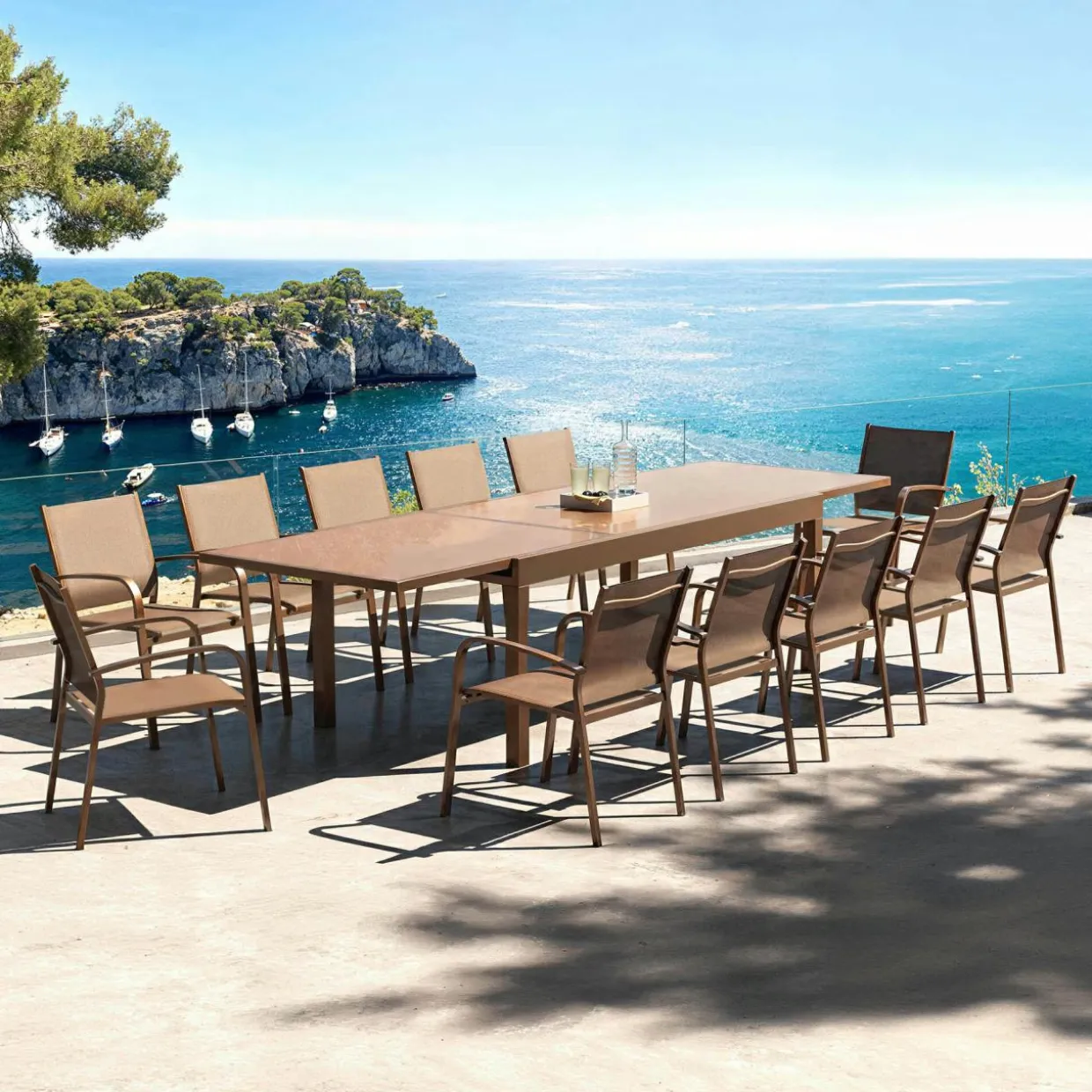 Table de jardin extensible en verre 12 places (200/320 x 100 cm) Murano Bronze