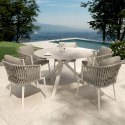 Table de jardin ronde en aluminium et céramique 6 places (D120 cm) Kore Blanc