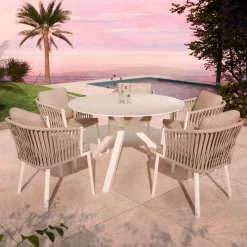 Table de jardin ronde en aluminium et céramique 6 places (D120 cm) Kore Blanc