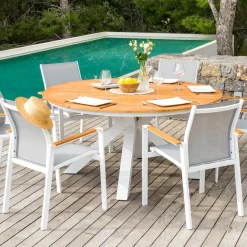 Table de jardin ronde en aluminium et bois teck 8 places (D140 cm) Bali Blanc