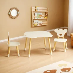 Table et 2 chaises enfant bois (H44 cm) Oursons Blanc