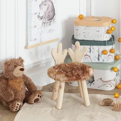 Tabouret enfant bois et fausse fourrure (H38 cm) Cerf Marron