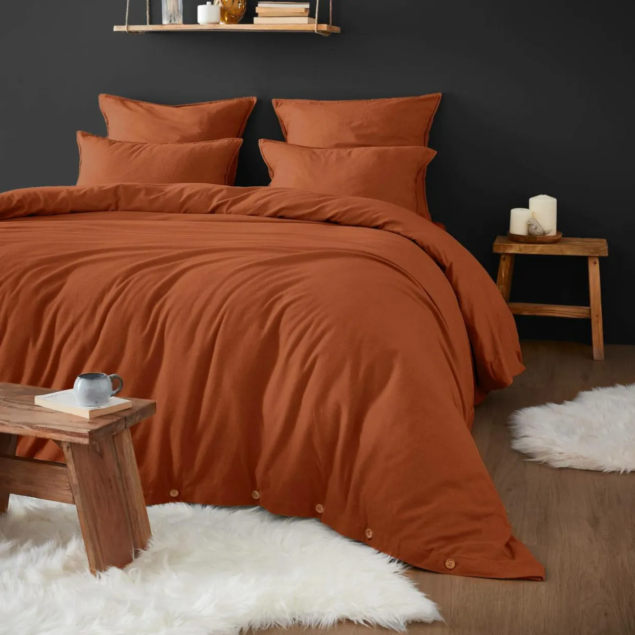Taie de traversin flanelle de coton (L185 cm) Nina Terracotta