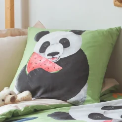 Taie d'oreiller carrée enfant percale de coton ( 65 x 65 cm) Panda Verte