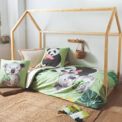 Taie d'oreiller carrée enfant percale de coton ( 65 x 65 cm) Panda Verte