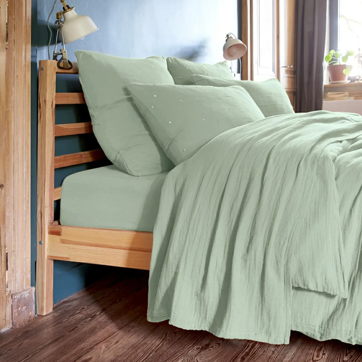 Taie d'oreiller carrée gaze de coton (60 x 60 cm) Gaïa Chic Vert eucalyptus