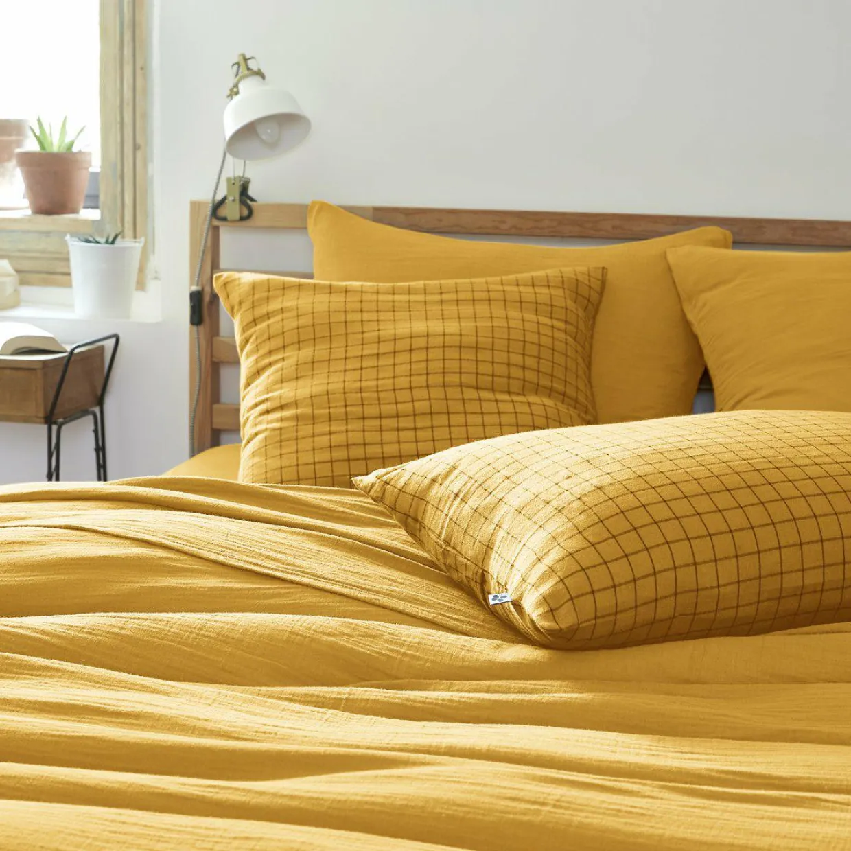Taie d'oreiller carrée gaze de coton (60 x 60 cm) Gaïa Mix Jaune safran