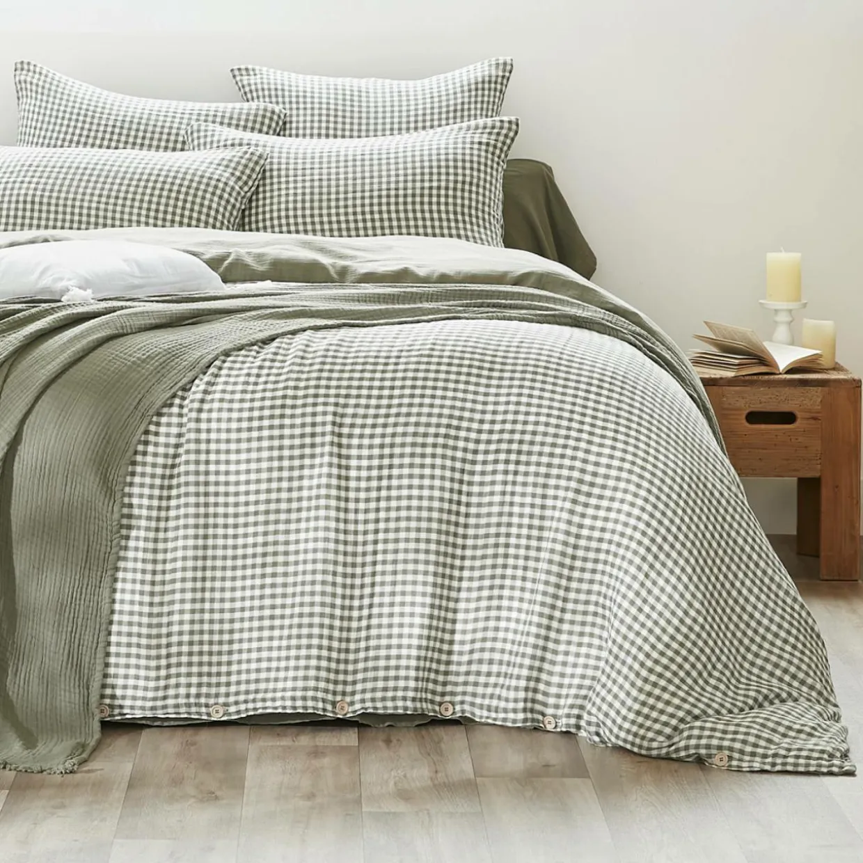 Taie d'oreiller carrée gaze de coton (80 x 80 cm) Gaïa Vichy Vert romarin