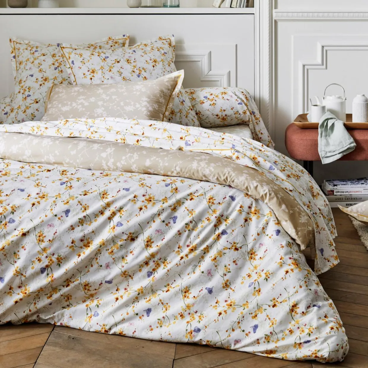 Taie d'oreiller carrée percale de coton Bel amour Jaune