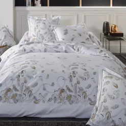 Taie d'oreiller carrée percale de coton (65 x 65 cm) Plumes Grise