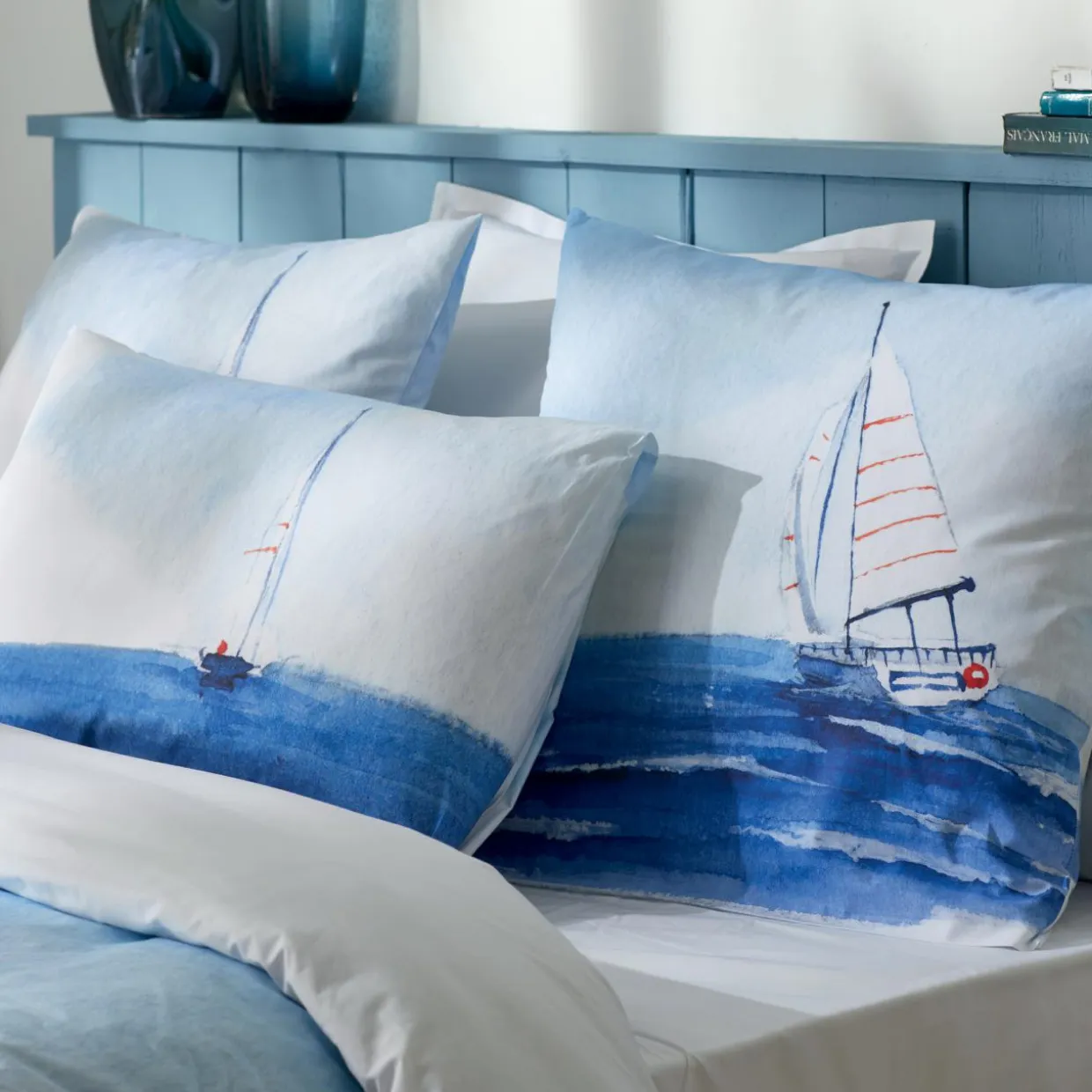 Taie d'oreiller rectangulaire percale de coton (50 x 70 cm) Regate Bleue