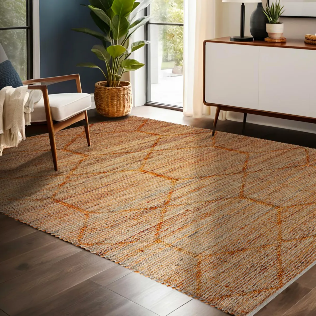 Tapis de salon rectangulaire jute et coton tissé main (140 x 200 cm) Jaya Marron