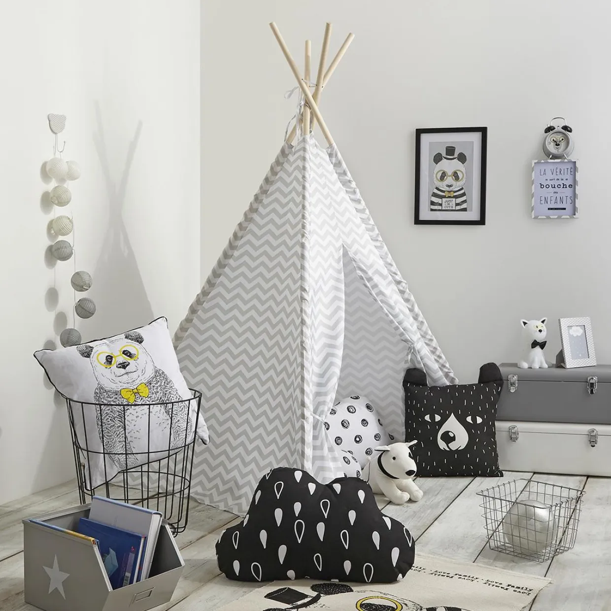 Tipi enfant bois et tissu (H160 cm) Twin Gris