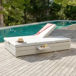 Transat double en résine tressée - Canapé de jardin Calvi Blanc et gris clair