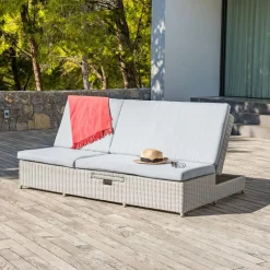 Transat double en résine tressée - Canapé de jardin Calvi Blanc et gris clair