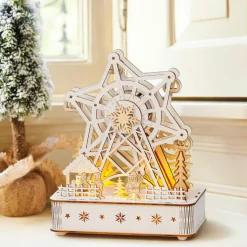 Village de Noël en bois lumineux et musical à piles (20 x 24 cm) Grande roue