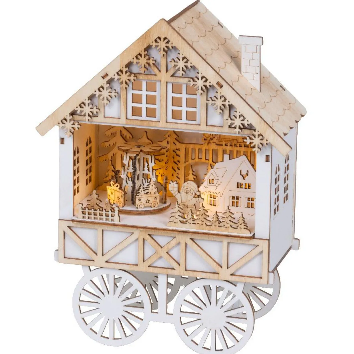 Village de Noël en bois lumineux musical et animé à piles (H27 cm) Charriot festif