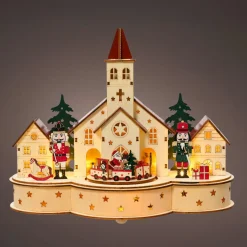 Village de Noël en bois lumineux et musical à piles (30 x H24 cm) Église et casse-noisette