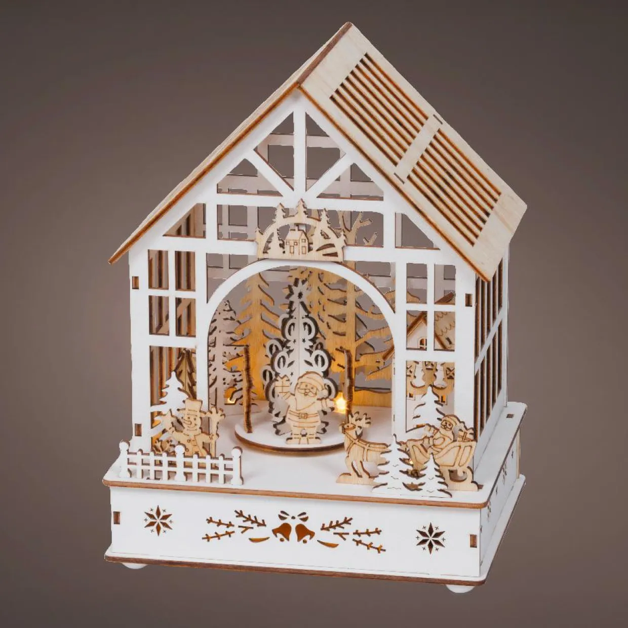 Village de Noël en bois lumineux, musical et animé à piles (18 x 24 cm) Jardin d’hiver