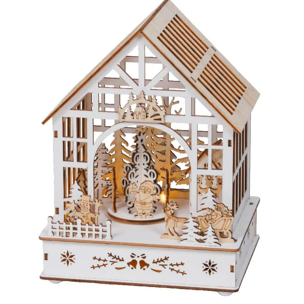 Village de Noël en bois lumineux, musical et animé à piles (18 x 24 cm) Jardin d’hiver